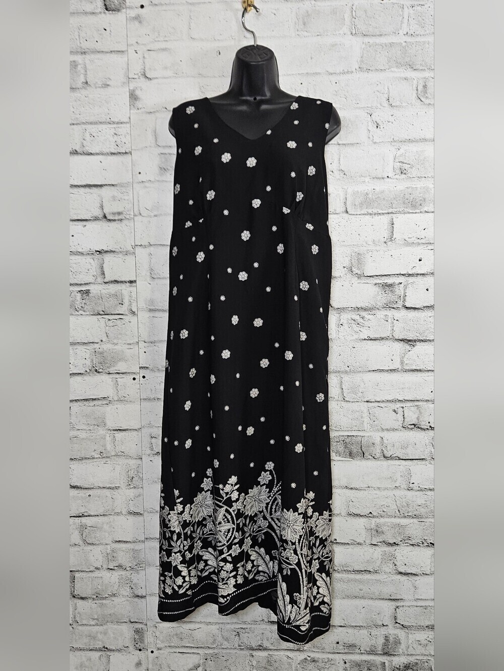 Vintage Northern Reflections Floral Border Maxi Dress Black White XL